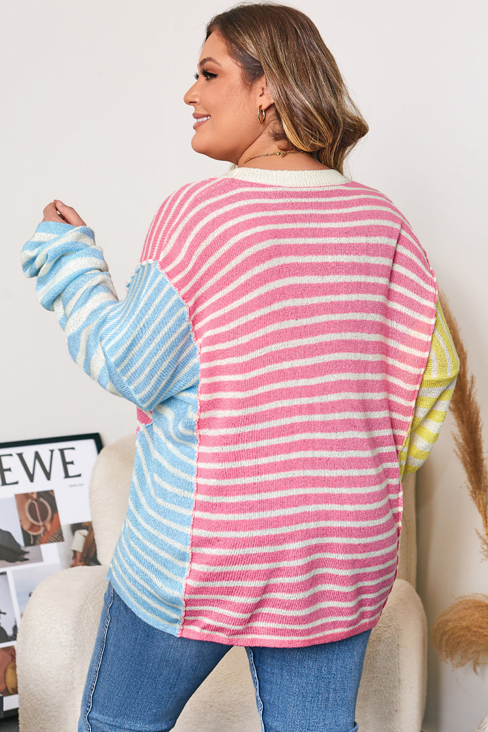 Multicolour Striped Exposed Patchwork Plus Size Sweater Dear-Lover Dropshipping